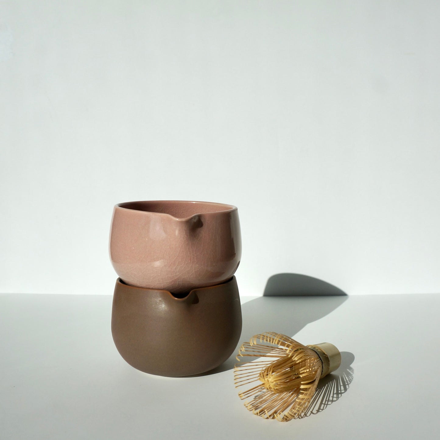 handmade ceramic pink and brown spouted matcha bowls by Kongji Pottery