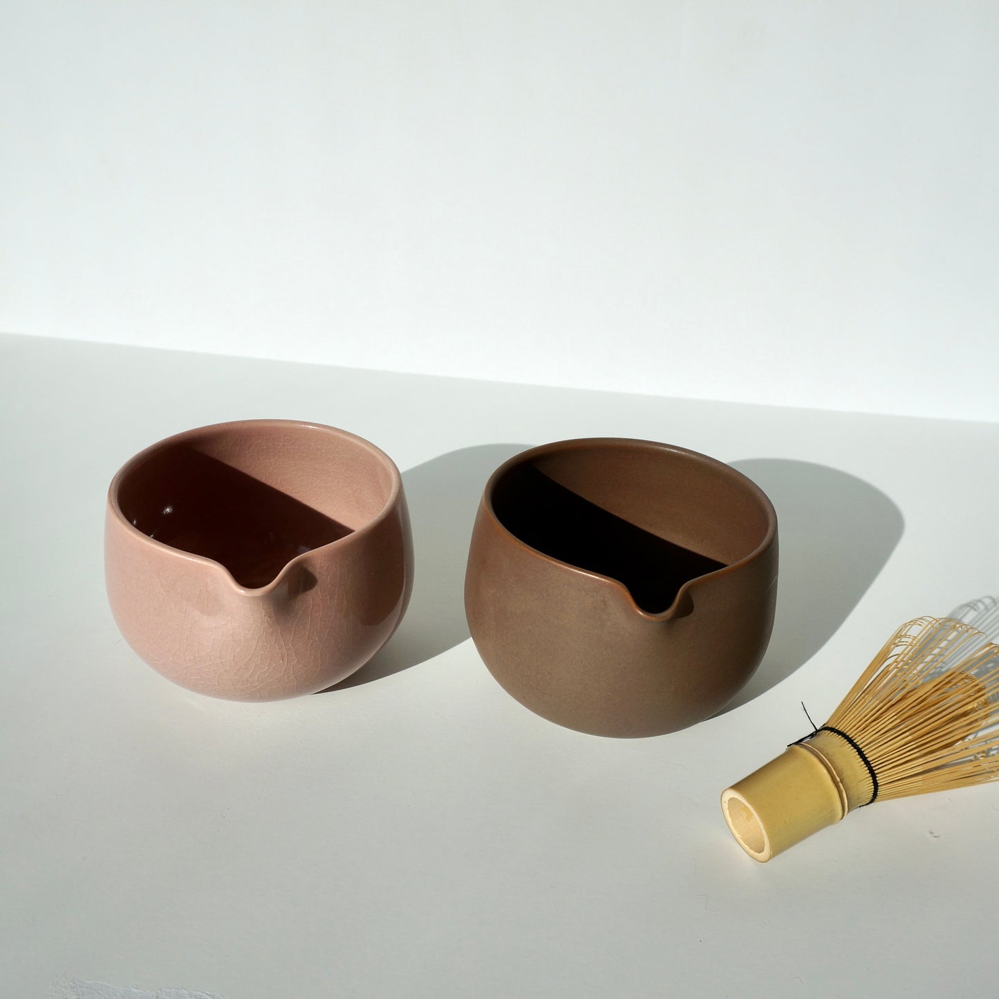 handmade ceramic pink and brown spouted matcha bowls by Kongji Pottery