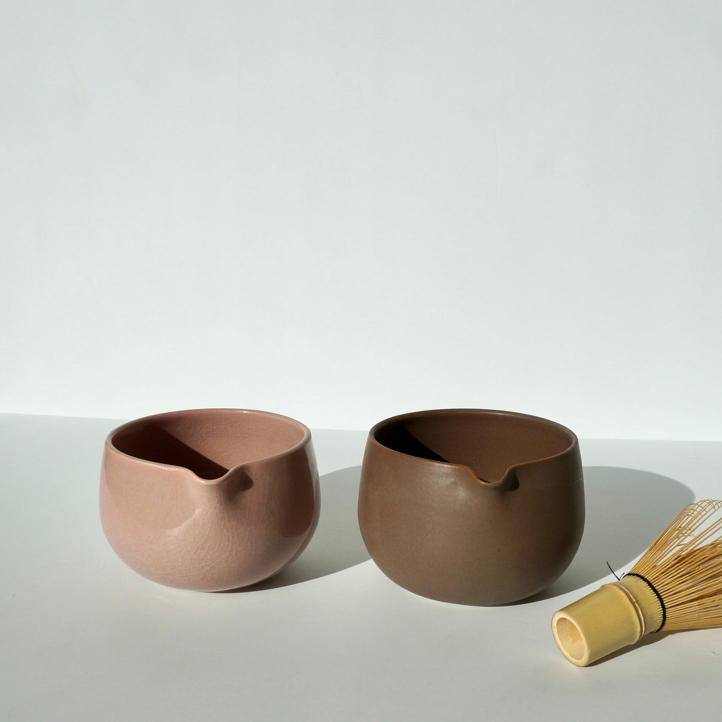 handmade ceramic pink and brown spouted matcha bowls by Kongji Pottery