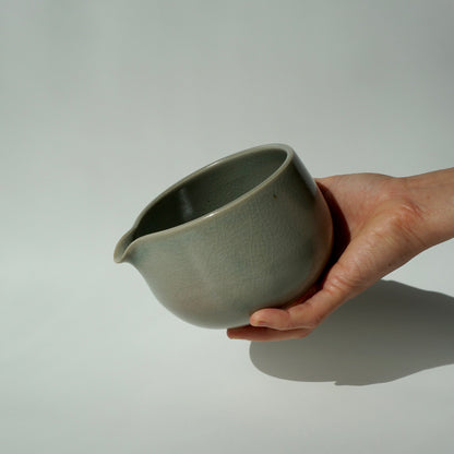 handmade ceramic spouted matcha bowl in crackled celadon green glaze by Kongji Pottery