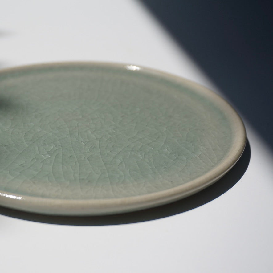 Handmade ceramic dessert plate with crackled celadon glaze by Kongji Pottery