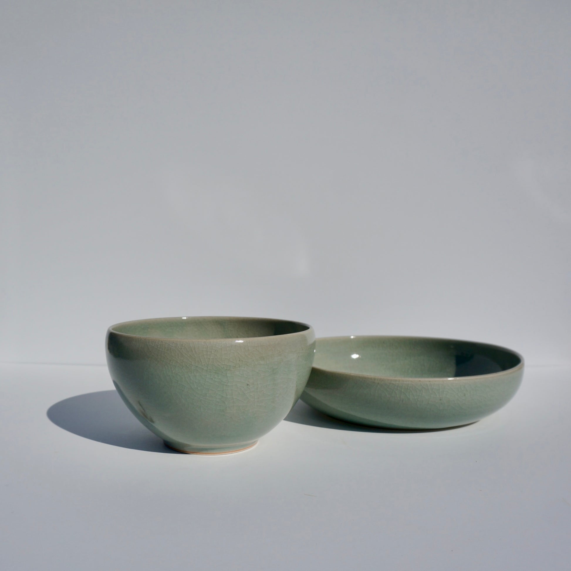 Handmade ceramic ramen bowl in crackled celadon glaze by Kongji Pottery