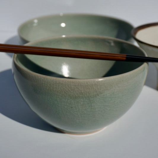 Handmade ceramic ramen bowl in crackled celadon glaze by Kongji Pottery