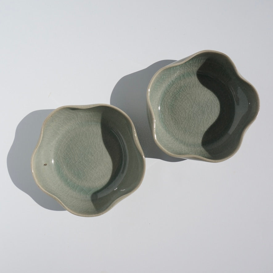 handmade ceramic flower shaped dish in crackled celadon glaze by Kongji Pottery