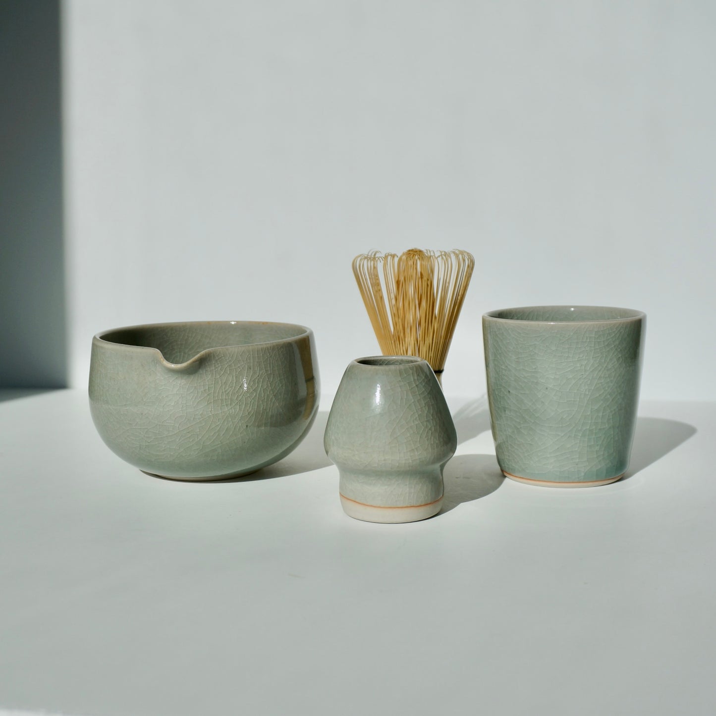 Handmade ceramic matcha tea ware set in crackled celadon glaze by Kongji Pottery