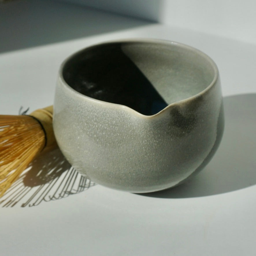 handmade ceramic spouted matcha bowl in dusk glaze by Kongji Pottery