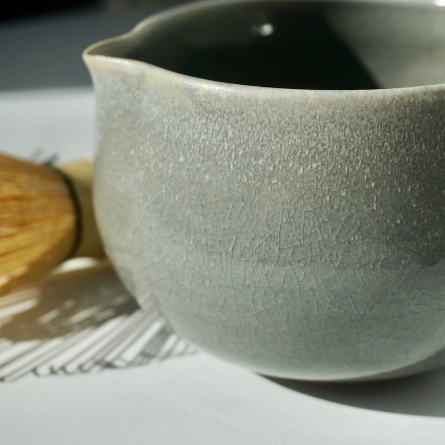 handmade ceramic spouted matcha bowl in dusk glaze by Kongji Pottery