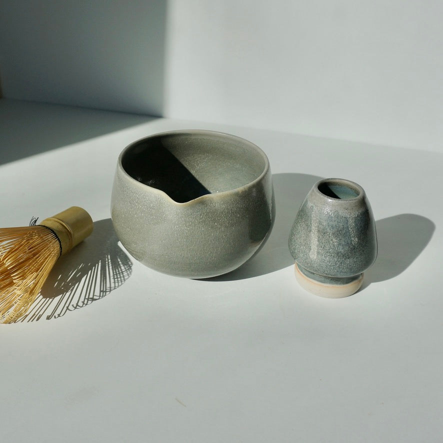 handmade ceramic spouted matcha bowl and whisk stand in dusk glaze by Kongji Pottery