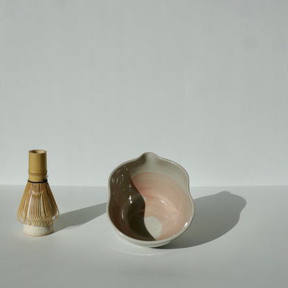 handmade ceramic spouted matcha bowl with wavy rim in blue and pink glaze by Kongji Pottery