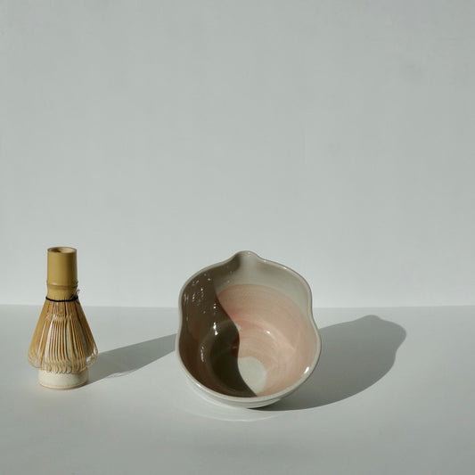 handmade ceramic spouted matcha bowl with wavy rim in blue and pink glaze by Kongji Pottery