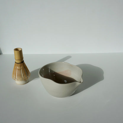 handmade ceramic spouted matcha bowl with wavy rim in blue and pink glaze by Kongji Pottery