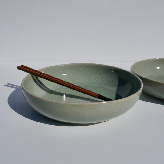 handmade ceramic low serving bowl in crackled celadon glaze by Kongji Pottery