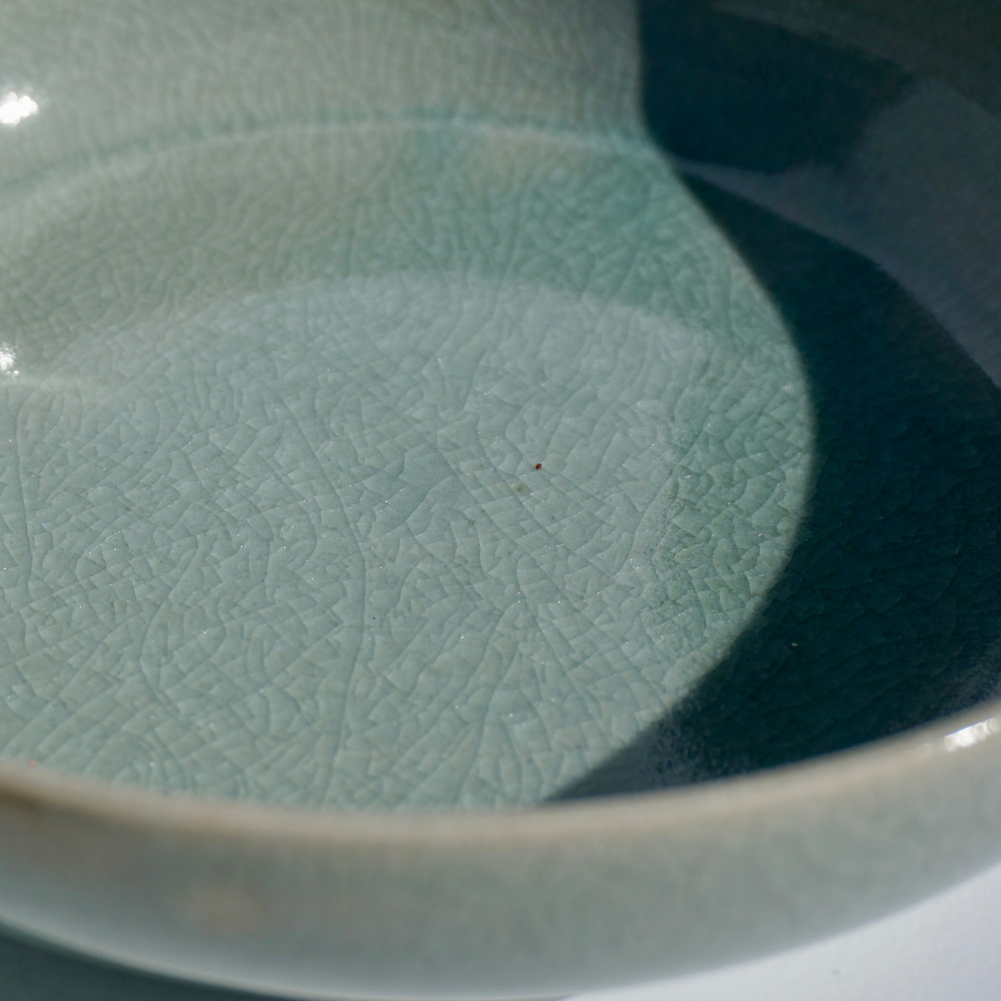 handmade ceramic low serving bowl in crackled celadon glaze by Kongji Pottery