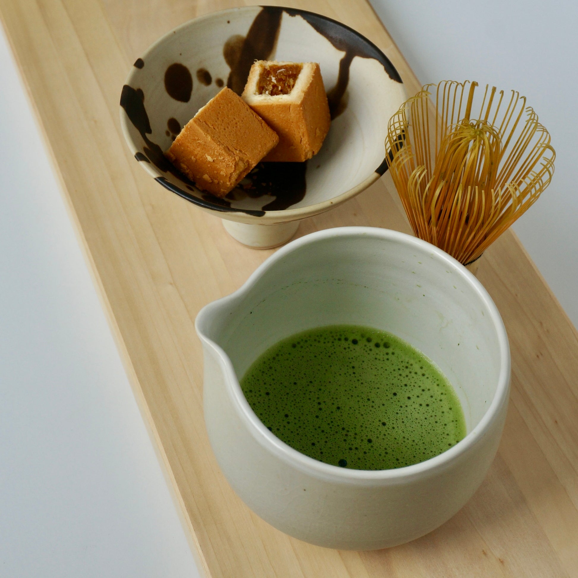 handmade ceramic matcha bowl and pedestal bowl by Kongji Pottery