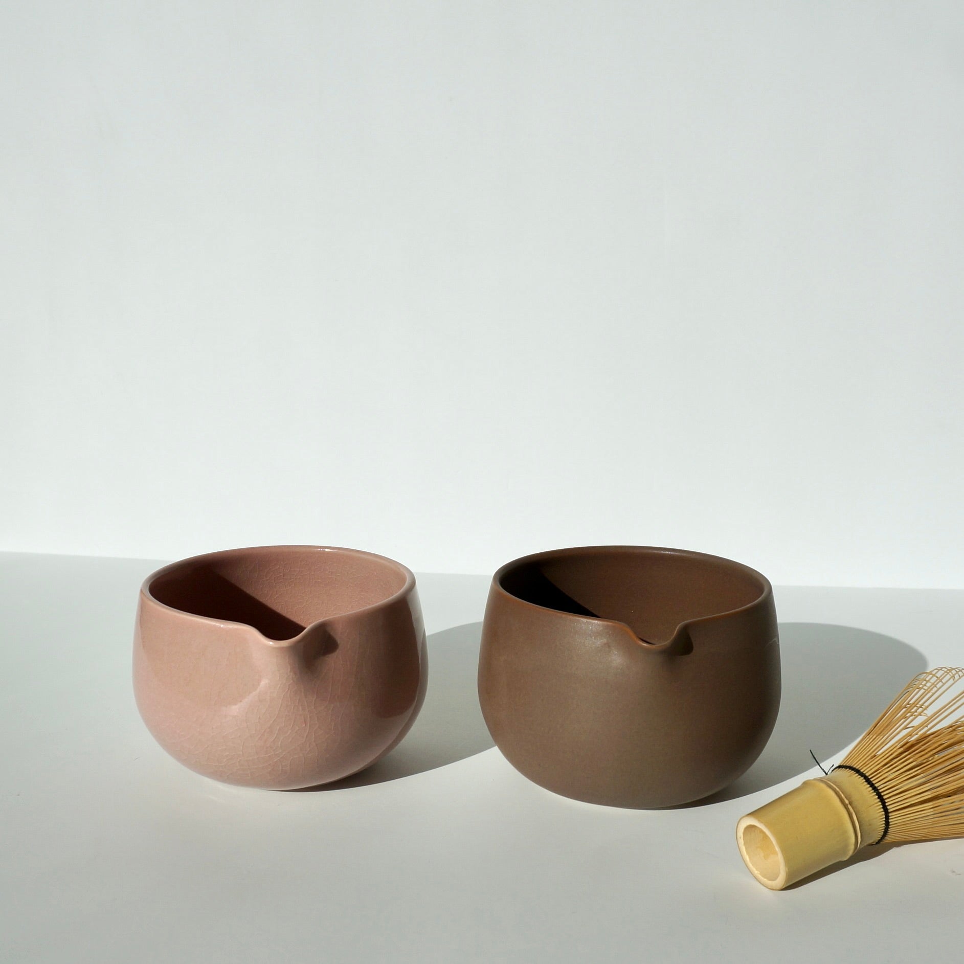 handmade ceramic pink and brown spouted matcha bowls by Kongji Pottery