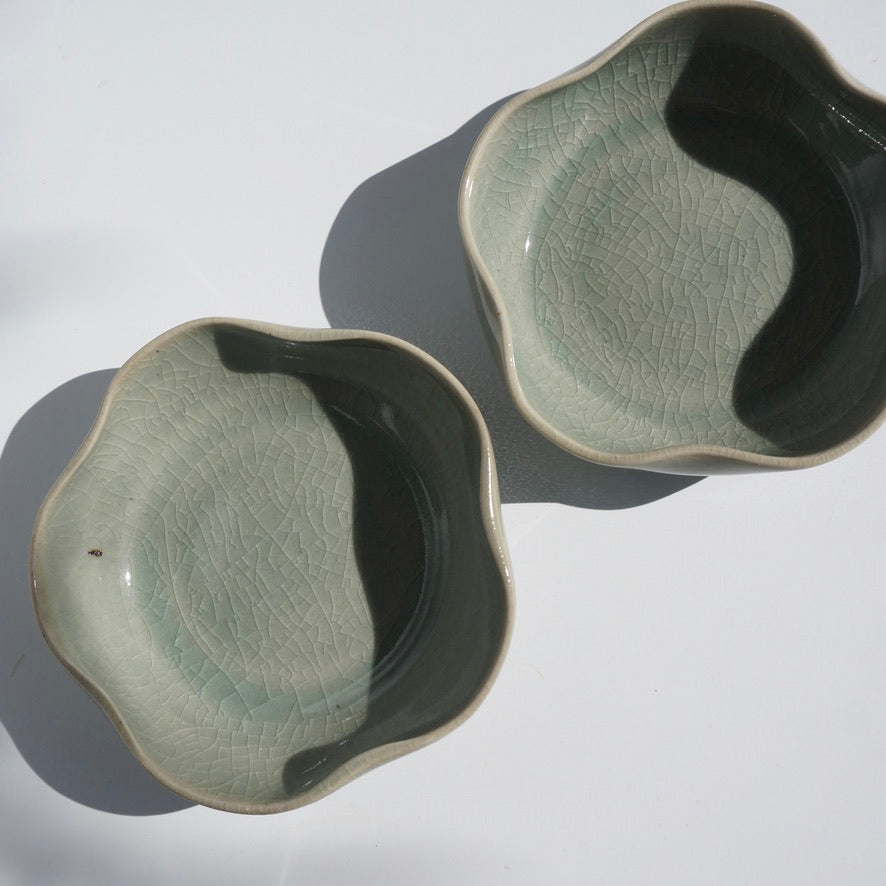 handmade ceramic flower shaped dish in crackled celadon glaze by Kongji Pottery