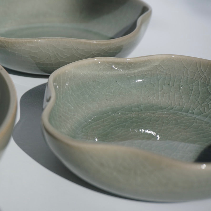 handmade ceramic flower shaped dish in crackled celadon glaze by Kongji Pottery