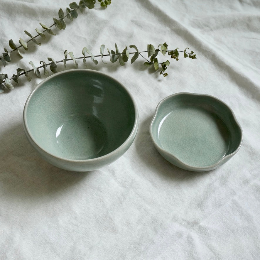 handmade ceramic flower shaped dish in crackled celadon glaze by Kongji Pottery