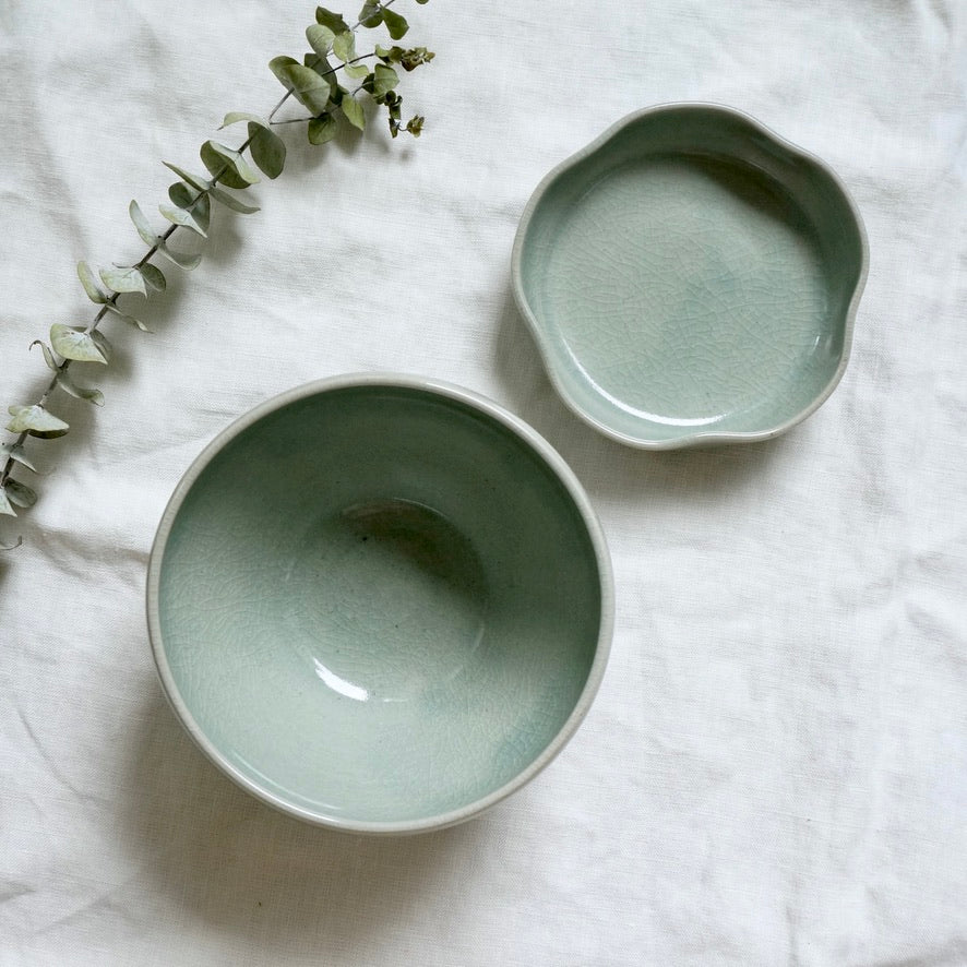 handmade ceramic flower shaped dish in crackled celadon glaze by Kongji Pottery