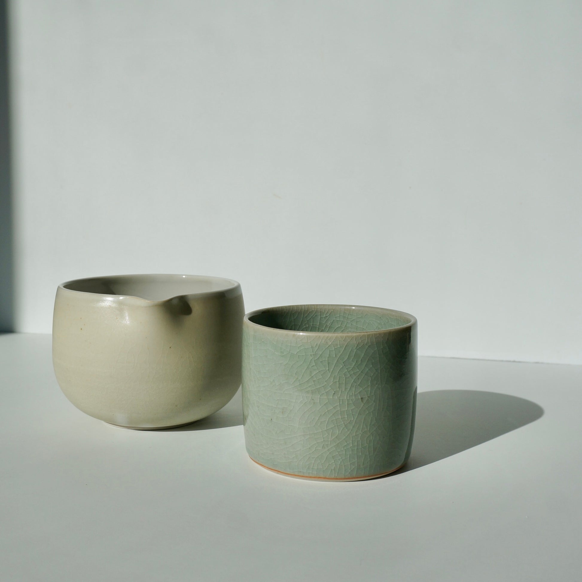 handmade ceramic square cup and spouted matcha bowl by Kongji Pottery