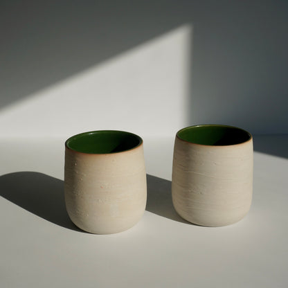 handmade ceramic cups with green interior and textured exterior by Kongji Pottery