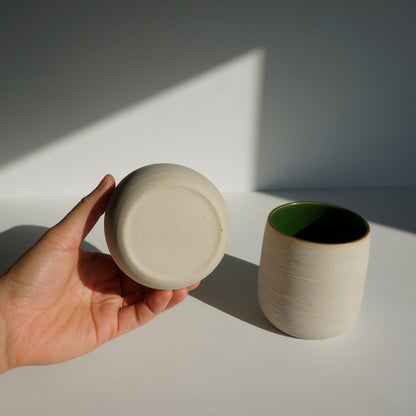 handmade ceramic cups with green interior and textured exterior by Kongji Pottery