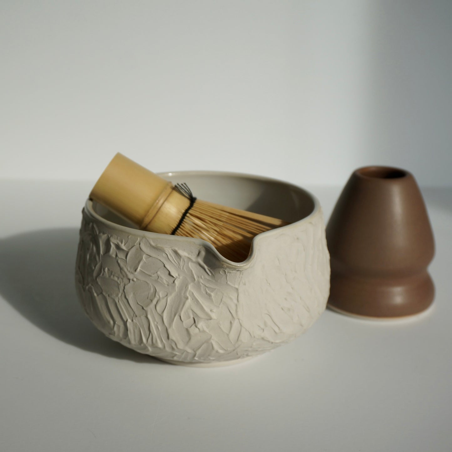 handmade ceramic textured white matcha bowl set by Kongji Pottery