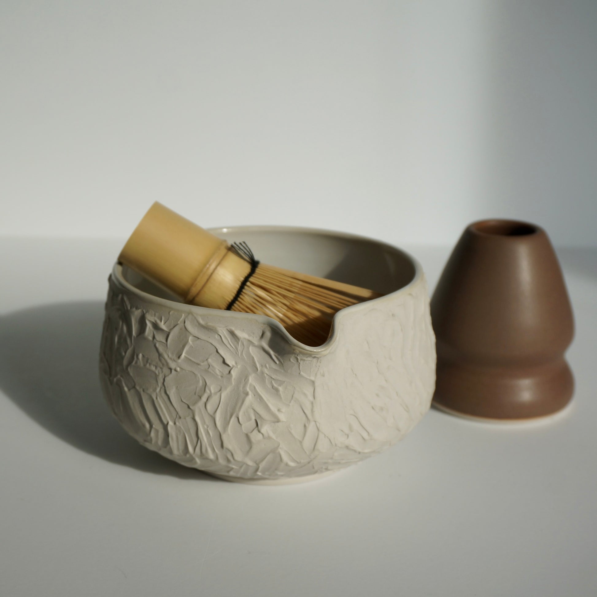 handmade ceramic textured white matcha bowl set by Kongji Pottery